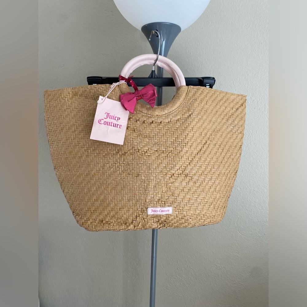 JUICY COUTURE || STRAW TOTE BAG WITH PINK RIBBON
